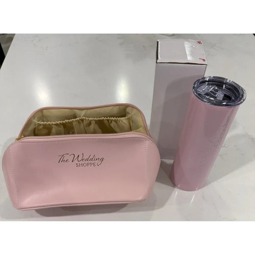 The Wedding Shop Pink Travel Cosmetic Bag Makeup‎ Case and 20 oz. tumbler NEW
